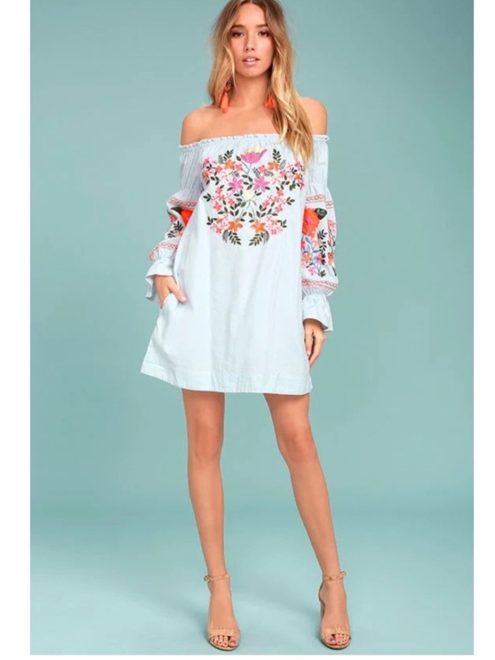 Free People XS Grey Floral Fleur Du Jour Embroidered Dress Off-Shoulder Dress